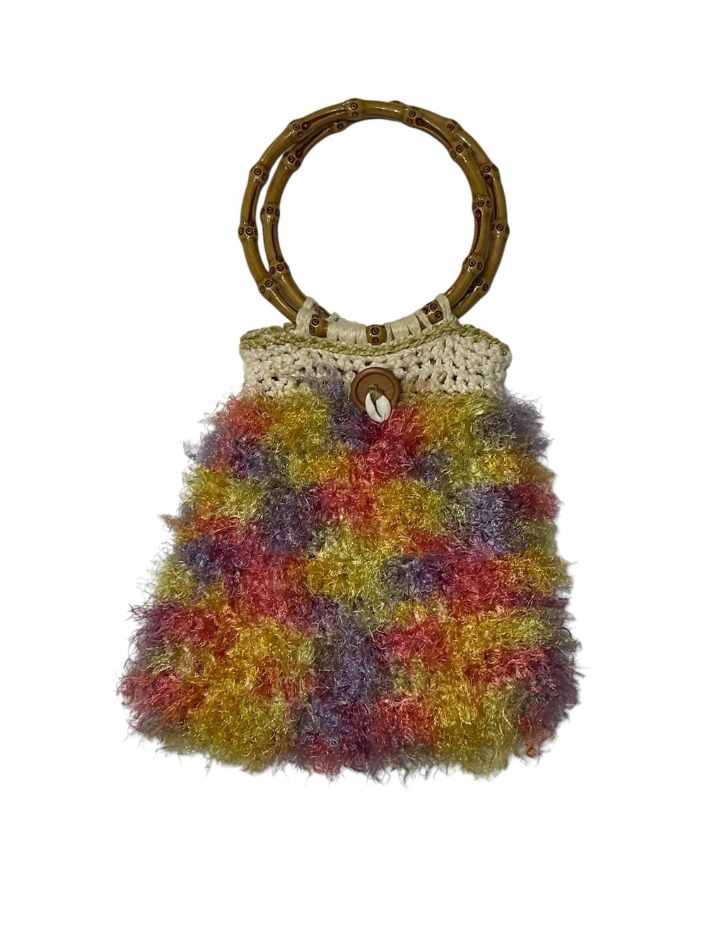 Y2K 90'S Multicolor Fuzzy Crochet Mini Bag with Bamboo O-Handles